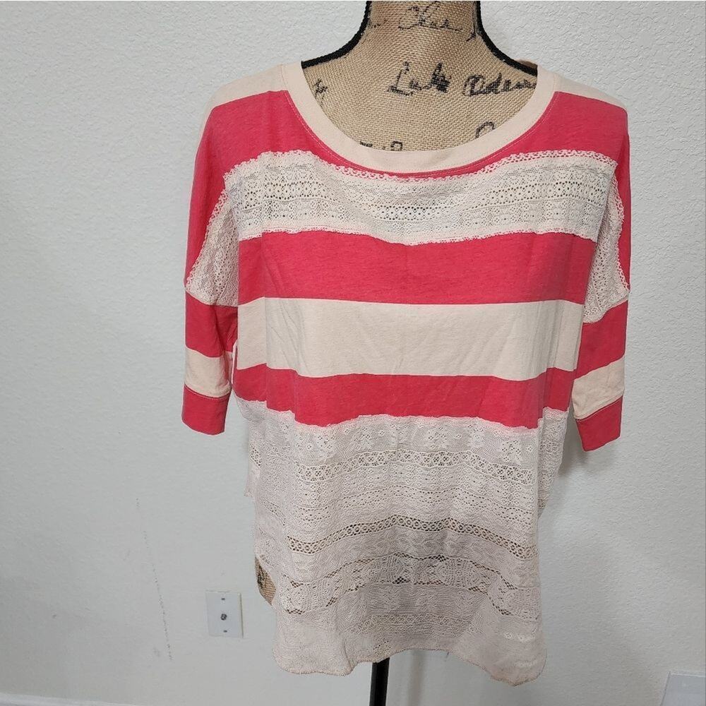 We the Free pink‎ and cream striped lace trim t shirt size small